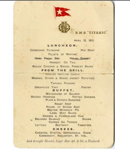 “泰坦尼克号”头等舱餐厅遗留菜单。