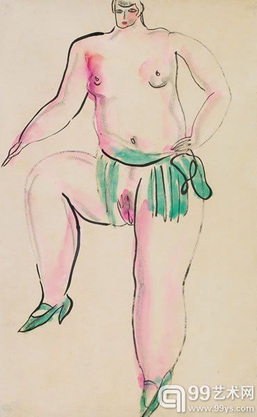 243-常玉-穿鞋的裸女-约1929年-水彩 纸本-45x28.5cm