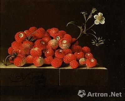圖為阿德里安·柯爾特的紙面油畫《窗臺上的野草莓》，畫中窗臺左下側附帶畫家簽名與標注的日期：柯爾特/1704，尺寸13.5×16.5cm，估價80萬到120萬美元(約合人民幣496.8萬到745.2萬元)。
