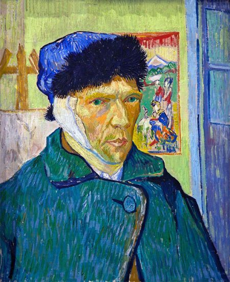 “梵高的眼睛像蓝水晶一样，眼神很尖锐，仿佛能看穿一切。他既不“理智”，也没有“精神失常”，他只是向我们诉说勇气和诚实的平常人。《割掉耳朵后的自画像》（Self-portrait with Bandaged Ear），文森特·梵高（Vincent van Gogh），1889
