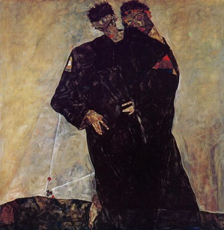 大型作品“隱士”中，席勒和克裏姆特成了殉道的聖人，緊貼著仿佛在跳死之舞。