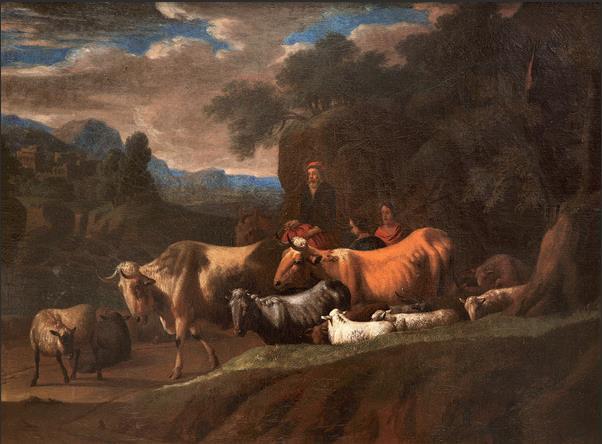牧牛 17世纪 (传)尼古拉斯·贝尔赫姆(1620—1683) 布面油画 53厘米×70厘米 都灵萨包达美术馆