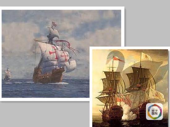 左图为当年运送珍宝的西班牙舰队，右图为旗舰“女王珍宝”号