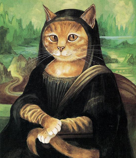 艺术家赫伯特出版新作品，以猫为主角再现世界经典名画，比如《蒙娜丽莎》。(网页截图)