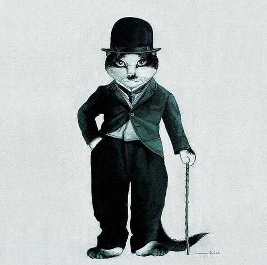 赫伯特的“电影猫”作品，《流浪汉》中的查里·卓别林。(网页截图)