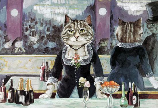 爱德华·马奈的《女神酒吧间》，也被画成了猫咪版。(网页截图)