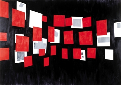 1984年作品《滑动》中刁德谦挪用、重构了记录现代主义运动最重要时刻之一的图像——马列维奇1915年“最后一个未来主义绘画展览0.10”的现场照片。