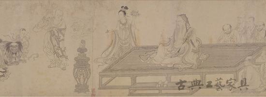 《维摩演教图》中维摩诘安坐焚香讲道的画面。《维摩诘经》是中国佛教极为推崇的经典，著名诗人王维深受其影响，于是改名“维”，字“摩诘”。