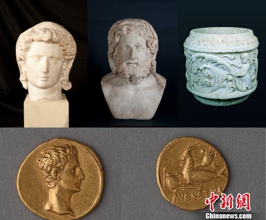 大祭司奥古斯都头像、众神之王朱庇特头像、爱神厄洛斯与狮鹫石瓶、奥古斯都金币等古罗马帝国文物将在中国展出。　钟欣　摄