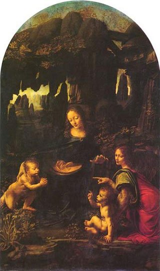 达芬奇《岩间圣母》，此画虽属传统题材，然表达手法和构图布局皆表明达芬奇的艺术水平之高深。