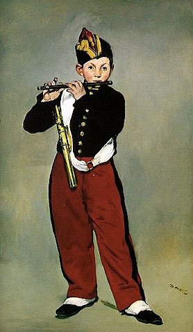  馬奈《吹笛子的少年》，這幅作品用幾乎沒有影子的平面人物畫法，表現人物的實在，從這裡我們可以看到馬奈的才氣和自負感。