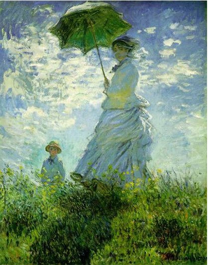 莫奈《打伞的女人》，莫奈的《撑阳伞的女人》共画了三幅，在三幅画中，以这一幅最为成功，比较起另外二幅，这幅的场景更有戏剧性，描绘出人物的奔放感，笔触也更为大派。
