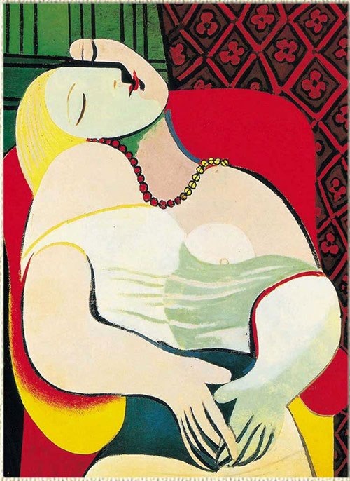 畢加索《夢》，這是畢加索中期比較重要的作品之一，每當畫家擁有一份新的愛情，他的畫風都會為之一變，而這個階段他相當喜歡明快、對比強烈的顏色，技法上則是平面化與立體化的完美結合。