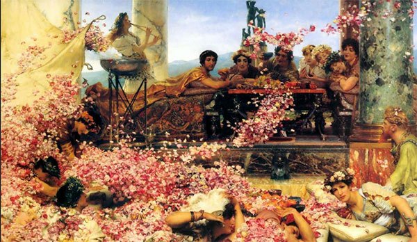 《埃拉加巴卢斯的玫瑰》塔德玛(荷兰 1888年 画布油画)这幅画是以罗马史上臭名昭著的皇帝埃拉加巴卢斯为依据创作的。画面十分绚丽：花瓣、大理石、绸缎、薄纱、青铜器，花朵等等。清明亮丽的环境中，走动着绝色佳丽。而与这一切形成鲜明反差的是严酷的现实，通过布景与色彩把它表现了出来。塔德玛描述了埃拉加巴卢斯的一个表面娱乐大众而实质十分诡异的主意：往出席皇帝晚餐的客人身上洒玫瑰花瓣。但是花瓣洒得如此之多，甚至把一些食客埋在底下喘不过气来。画家把皇帝安置在宝座上，观察着受苦的食客，旁边坐着皇帝的母亲和宠臣。在这幅画里，画家把人体和玫瑰花瓣溶为一体，把他的绘画技巧发挥到了极致。