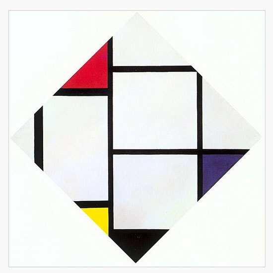 《红、白、蓝的菱形画》 蒙德里安 (荷兰 1924～1925 年)这幅《红、白、蓝的菱形画》是一幅最能代表蒙德里安艺术思想的作品。画面把一个正方形按菱形的样式放置，通过长短不同的水平线和竖直线把画面分割成了诸多的三角形、正方和长方形以及各种不规则图形。这时，当我们仔细分析时就会感觉到这其中富于变化，包罗万象的艺术特色，就如同我国传统文化中道教精美绝伦的“八卦图”一样，暗含玄机。画家进一步在这众多的图形中，填充了单纯的红、黄、蓝等原色。使画面在造型之外又增添了变化的因素。