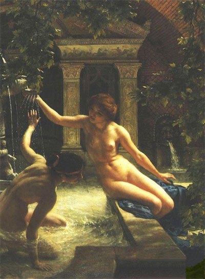 《出水芙蓉》(1836-1919年,英国)这幅画表现了两个正在沐浴的青年女子，她们正在嬉闹，展示出身体的娇美，也流露出天真无邪的品性。浴室内光线柔和，装饰华丽，侧光把侧身斜坐女子的丰满苗条渲染得淋漓尽致，而反光则将正在洗浴的女子丰满的身体突出出来。画面以写实为主，强调了光色、冷暖的关系与对比，营造了一个温馨的世界。