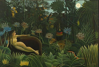 亨利·盧梭《夢》(法國 1910年 布面油畫 )　《夢》是盧梭逝世前最後一幅傑出的油畫作品，代表了盧梭的的真實風格與追求。在畫面左角，盧梭將他初戀時的情人畫在沙發長椅上，置身於充滿夢幻的熱帶叢林中。在這片森林裏，奇花異草鬱鬱蒼蒼，兩隻獅子虎視眈眈，還有隱藏在森林深處的大象和禽鳥，以及慘澹月光下吹奏長笛的黑人，營造了一種異國情調和帶有神秘意味的夢幻之境。畫家在這幅畫中所創造的奇妙而迷人的境界，正式借用夢境超脫于現實的那種神秘與荒誕，給眾造成難以言狀的激動。