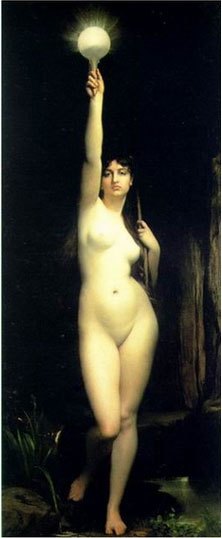 《真理》朱尔斯·勒菲弗尔(法国 1870年)这是具有象征意义的构思。画家以浪漫主义绘画的手法，描绘了身材修长的窈窕少女，少女纯净的眼睛凝视前方，体态匀称，曲线流畅，富于青春活力。无疑，美丽的裸体少女是真理的象征。她一手高举着“光明”，一手紧握一根绳索，形象地说明了真理既复杂又单纯。