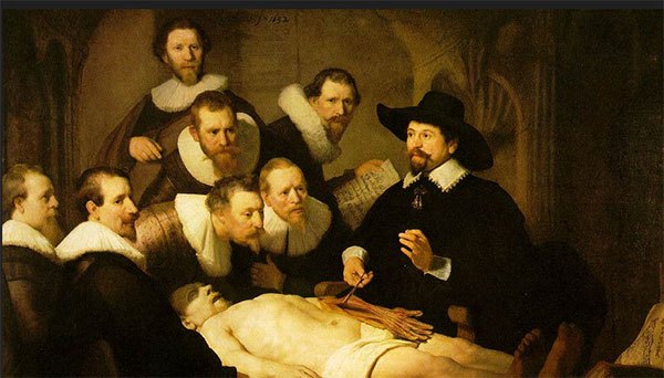 《杜普教授的解剖課》倫勃郎 (荷蘭 1632年 油畫)這幅畫為畫家26歲時的成名之作。畫家應阿姆斯特丹外科醫生行會委託，為他們的行會成員畫團體肖像。畫中人物全部是真實的，主講人是著名的蒂爾普醫生，他作為主要人物，佔有畫面的一側主要位置，其餘人物以各自專注神態，有變化地穿插安排在一個有深度的平面上，使每個人物所處的位置互不遮擋，並且不受透視影響，大小基本相同，否則訂畫人是不接受的。