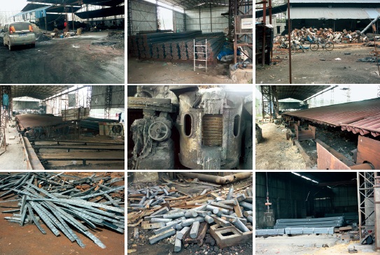 2010年、2011年记者在江苏新沂、邳州“地条钢”厂暗访时所拍摄的厂房内景和生产原料、成品等。