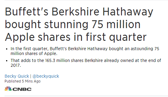 巴菲特一季度买入7500万股苹果股票