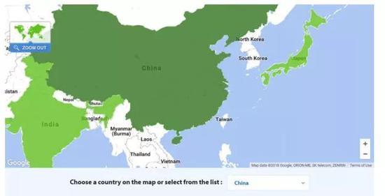 沃尔玛在台湾没有业务，但在英文官方网页上的地图中，点选中国时，台湾被忽略在外。（官方网页截图）