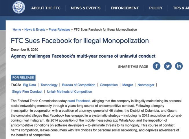 脸书被指控从事反竞争收购 面临被拆分风险？