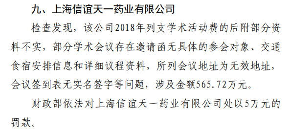 财政部：上海信谊天一药业“虚构业务事项套取资金”涉及金额565.72万元被罚