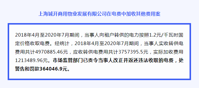 上海城开物业违法收取电费遭罚36.4万元