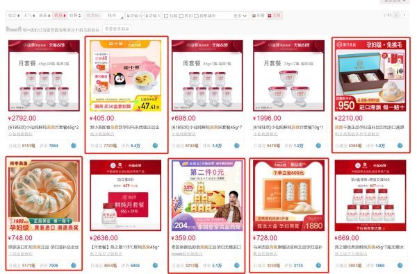 电商平台上多款燕窝产品名称中包含“孕妇”字样，见标注红框的部分 