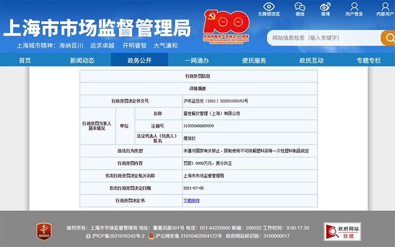 鲜芋仙关联公司因违规使用一次性塑料制品被罚一万元
