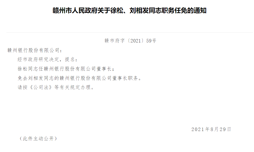 官宣！提名徐松任赣州银行董事长 免去原董事长刘相发职务