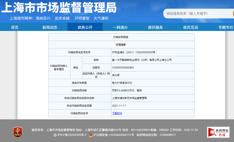 第一太平戴维斯（北京）分公司违规向租户加收电费遭罚53万元