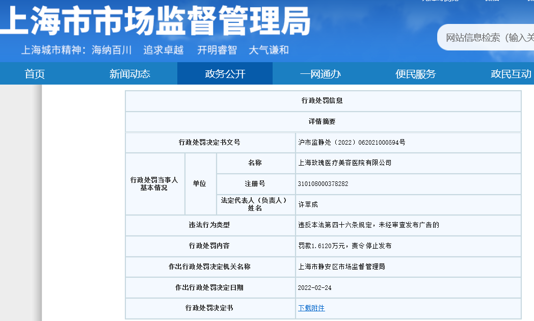 “上海玫瑰医疗美容医院违法被罚 未经审查发布医疗广告