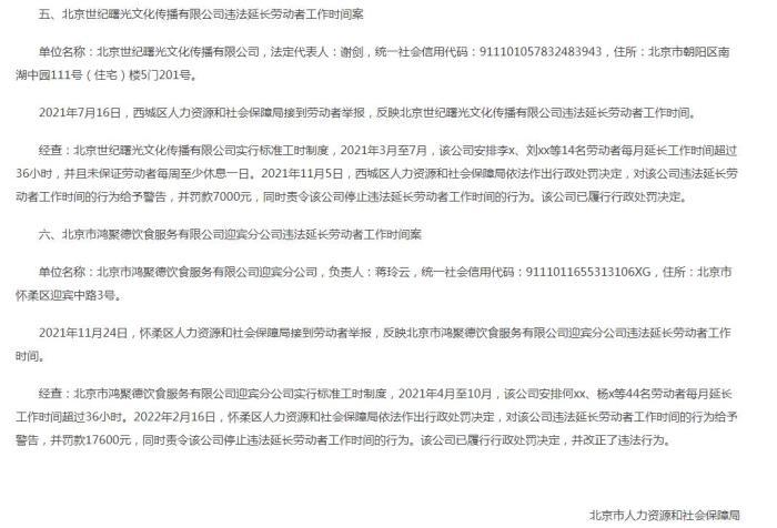“违法延长劳动者工作时间 北京两家公司被罚