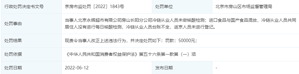 北京一永辉超市因冷链员工未做核酸检测被罚5万元 此前因违反食品安全法被罚5000元