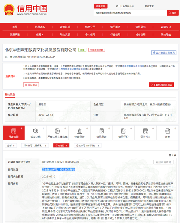 北京华图宏阳教育公司因未经批准擅自从事出版业务被款罚1万元