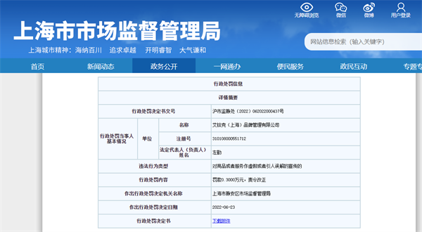 艾钛克(上海)品牌管理有限公司因涉嫌虚假宣传被罚