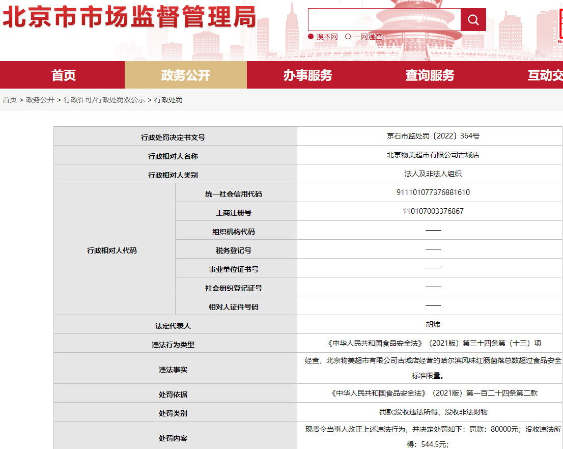 物美超市哈尔滨红肠菌落超标被罚8万元 今年已7次因食品安全问题被罚