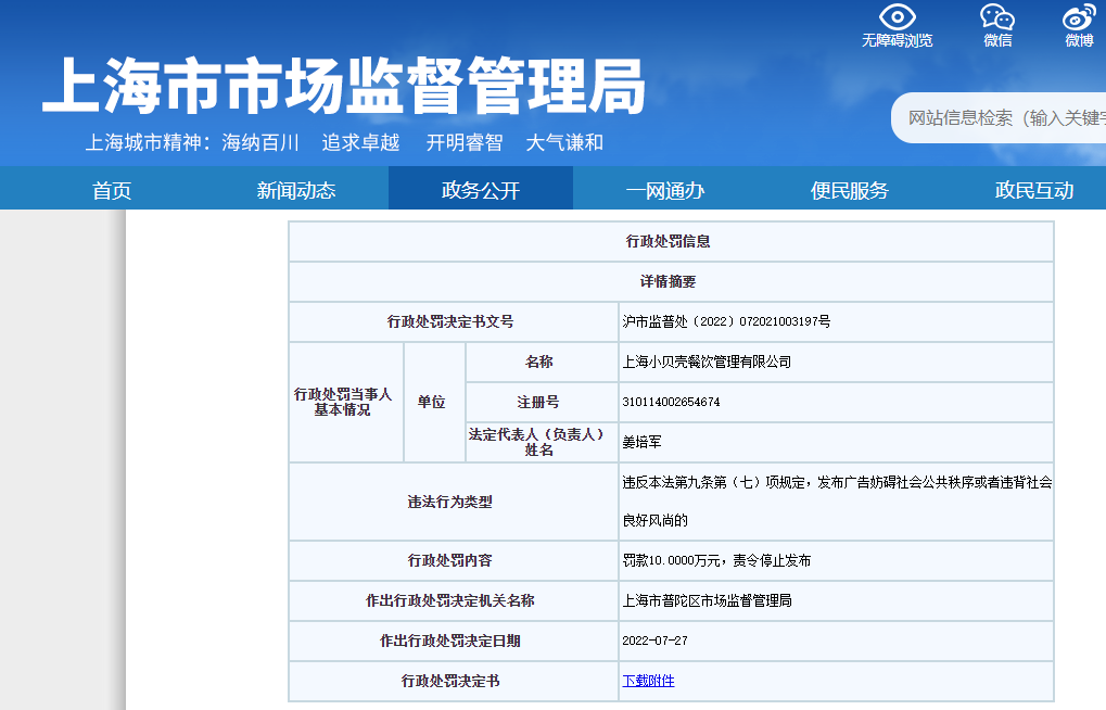 “上海小贝壳餐饮管理有限公司因违反广告法被罚10万元