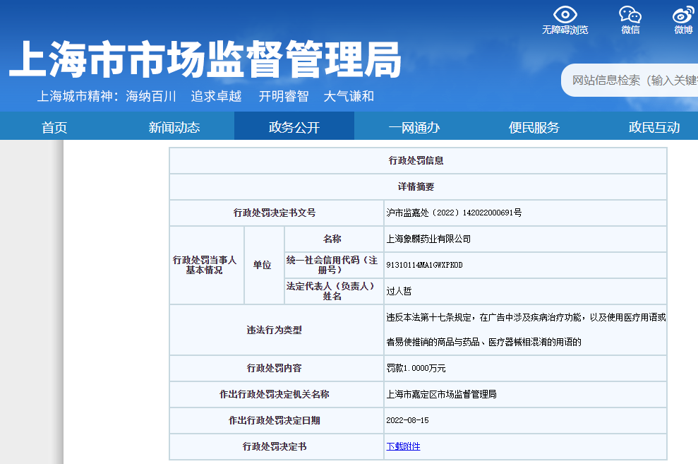 “上海象麟药业有限公司因发布违法广告被罚1万元