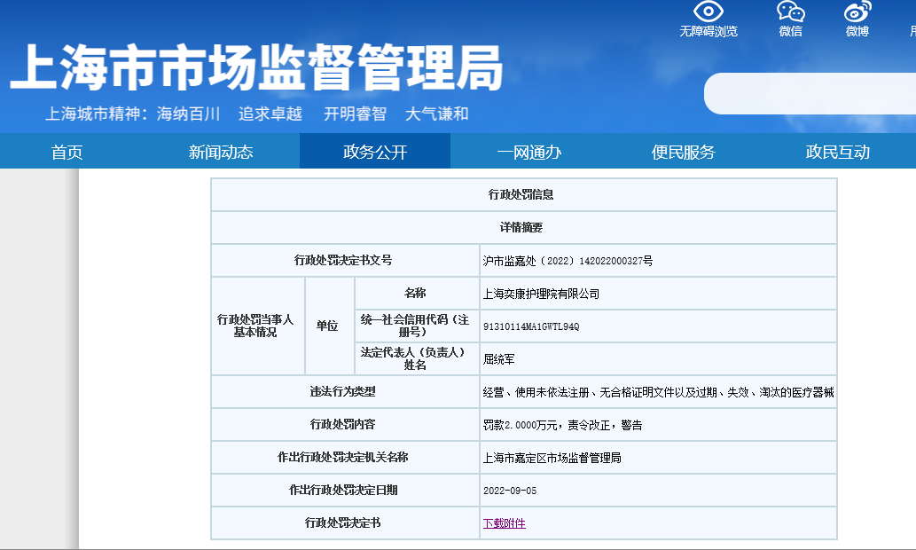 上海奕康护理院使用过期医疗器械被罚