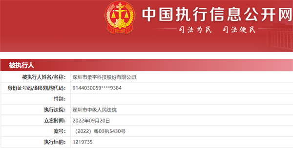 柔宇科技及子公司被执行289万余元