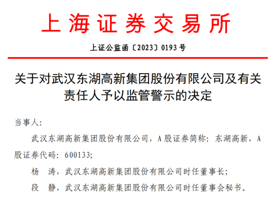 未及时对关联担保审议及信披 东湖高新及时任董事长杨涛等被监管警示