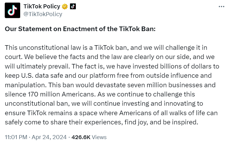 TikTok周受资回应剥离法案：将会诉诸法庭，相信会获胜